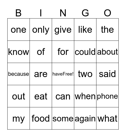 Sight Words Bingo Card