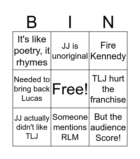 Rise of Skywalker Prediction Bingo Card