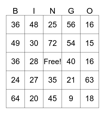 Multiplication Bingo! Bingo Card