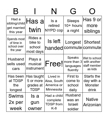 Get to know the TDSP Staff Bingo Card