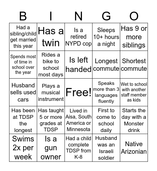 Get to know the TDSP Staff Bingo Card