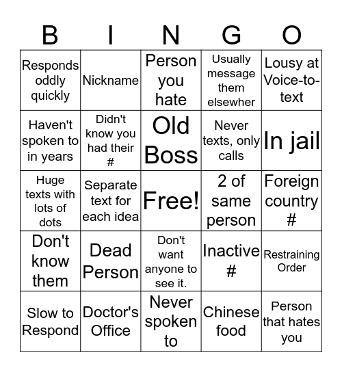 Cell Phone Contacts Bingo Card