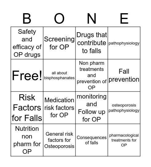 Osteoporosis and Falls Bingo Card