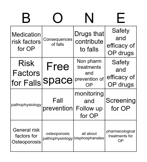 Osteoporosis and Falls Bingo Card
