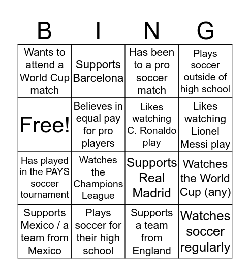 Soccer Bingo Card