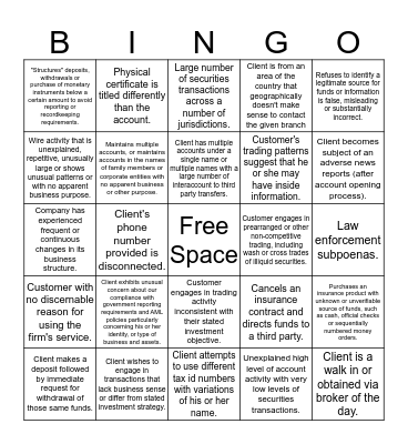 AML Red Flags Bingo Card