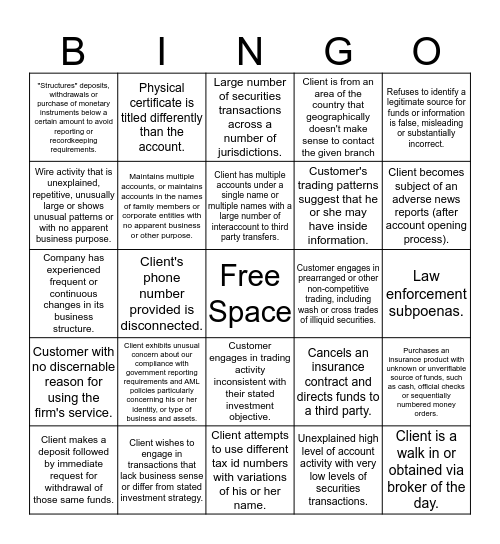 AML Red Flags Bingo Card