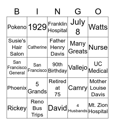 Granny's Bingo  Bingo Card