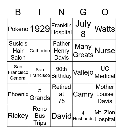 Granny's Bingo  Bingo Card