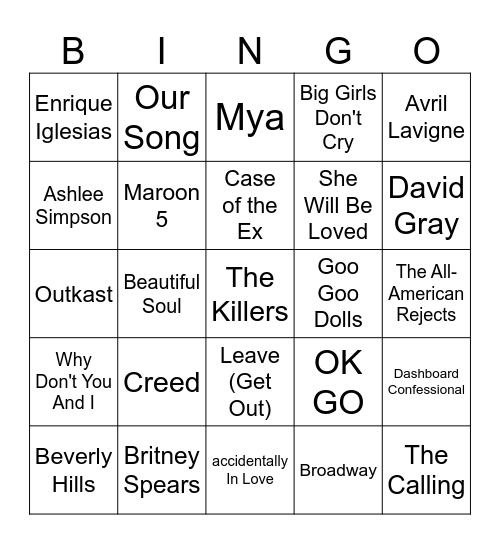 00's Music Bingo Card
