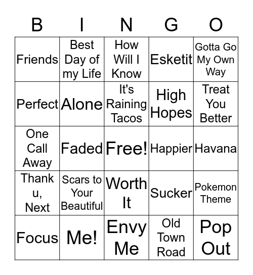 Song Bingo Card