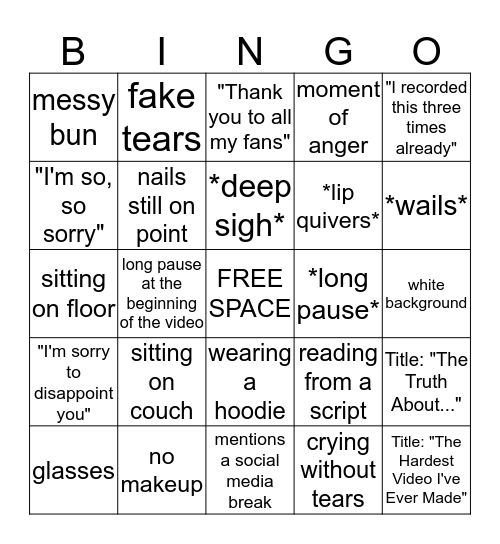 Beauty Guru Apology Video Bingo Card