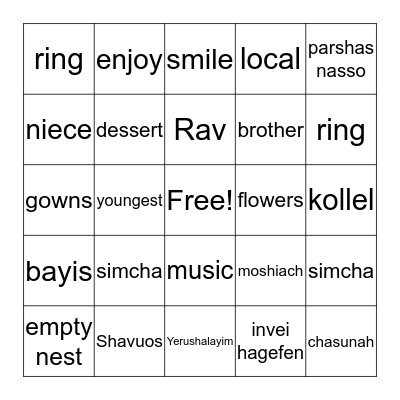 Devora and Chaim's Sheva Brochos Bingo Card