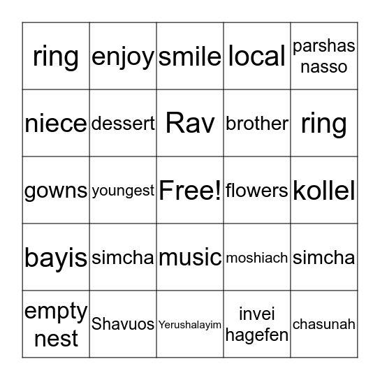 Devora and Chaim's Sheva Brochos Bingo Card