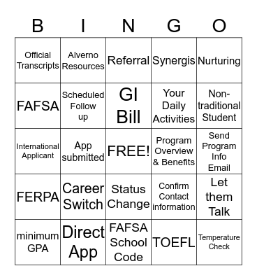 Enrollment BINGO Card