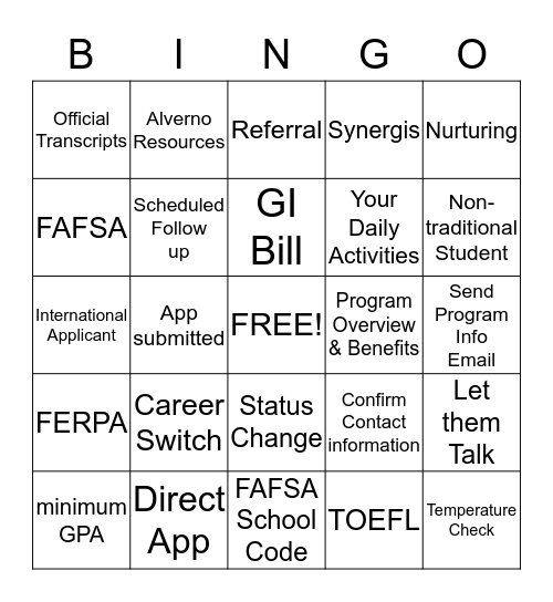 Enrollment BINGO Card