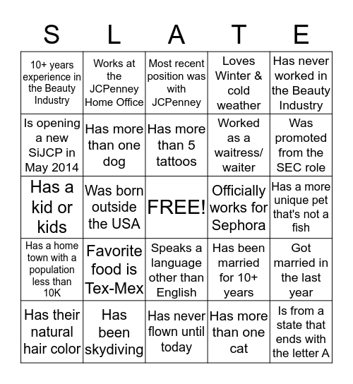 SLATE BINGO Card