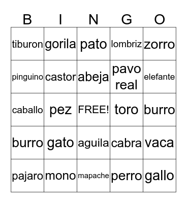 Animals Bingo Card