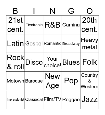 Music Style Bingo Card