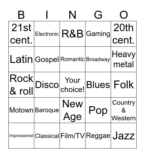 Music Style Bingo Card