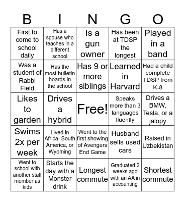 Get to Know the TDSP Staff and Spouses Bingo Card