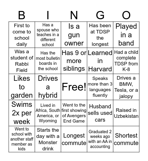 Get to Know the TDSP Staff and Spouses Bingo Card