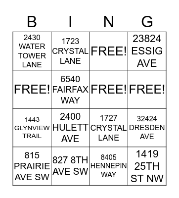 BINGO BINGO Open House Bingo Card