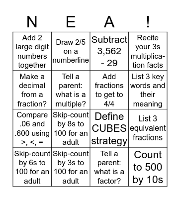 Camp Nea Homework Bingo Card