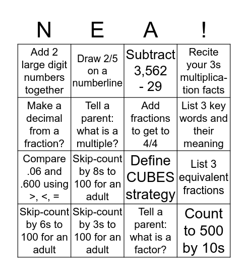 Camp Nea Homework Bingo Card
