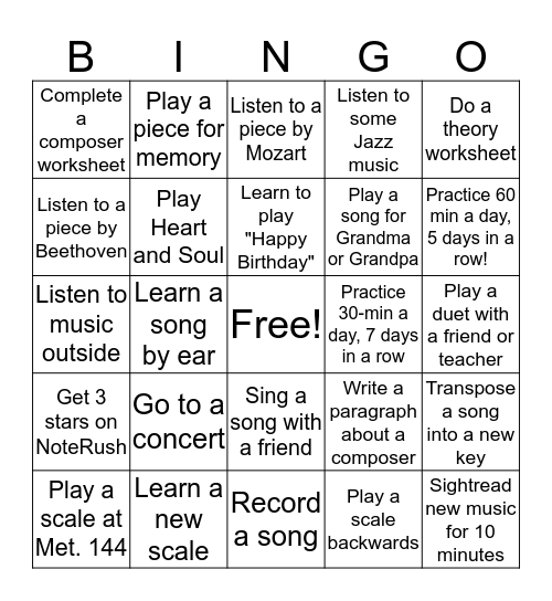 Summer Music Bingo :June 15-Aug 15th Bingo Card