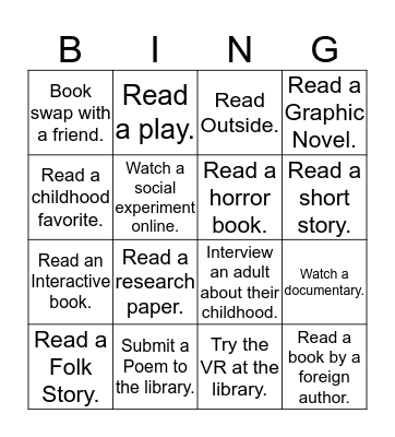 Summer Teen Reading Bing Bingo Card