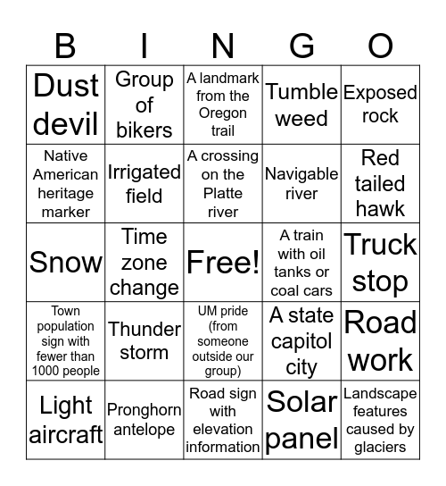 Earth 202 Roadtrip Bingo! Bingo Card