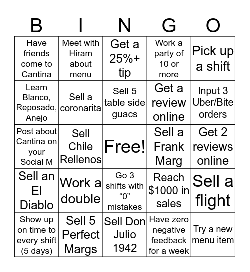 Cantina 109 Bingo Card