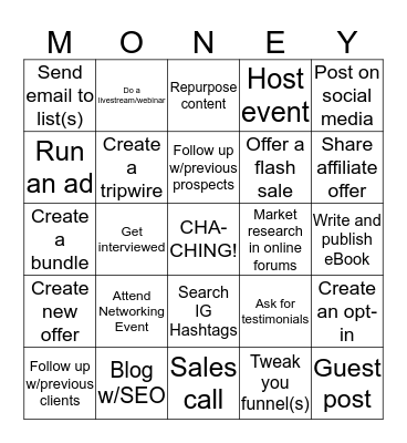 Ca$hflow Bingo Card