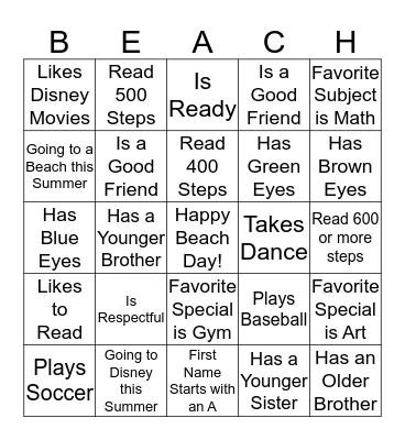 Beach Day BINGO 2019 Bingo Card