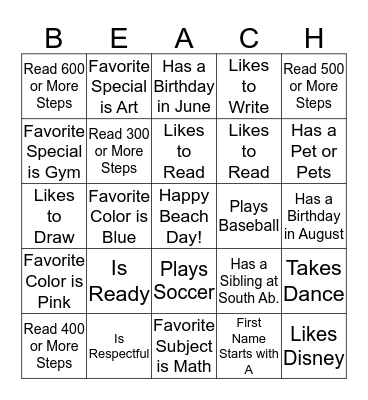Beach Day BINGO 2019 Bingo Card