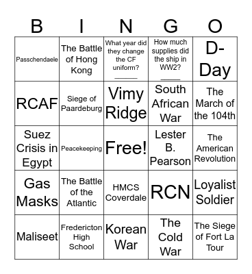 NB Military Museum Bingo Card