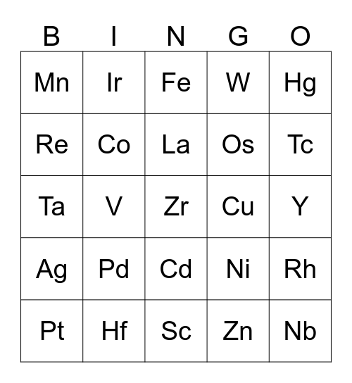 TRANSITION METAL Elemental  BINGO Card