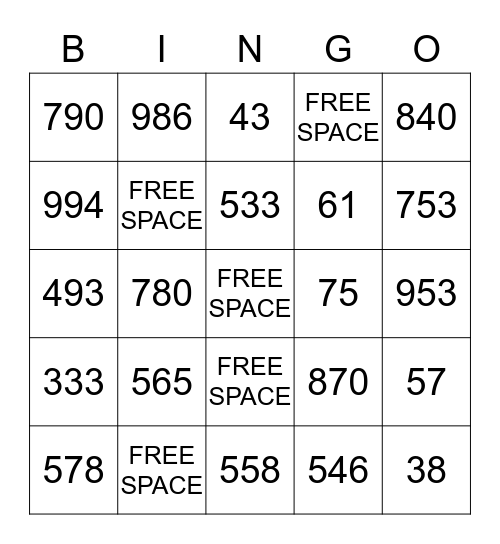 THREE DIGIT MATH Bingo Card