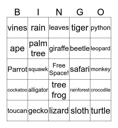 safari bingo Card