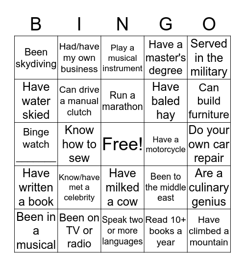 Getting to Know You Bingo Card