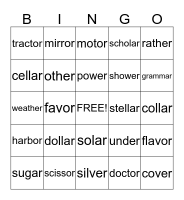 Unaccented Final Syllables  Bingo Card