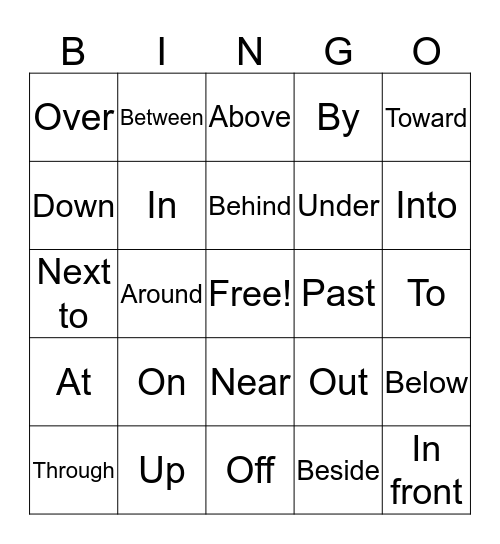 Preposition Bingo Card
