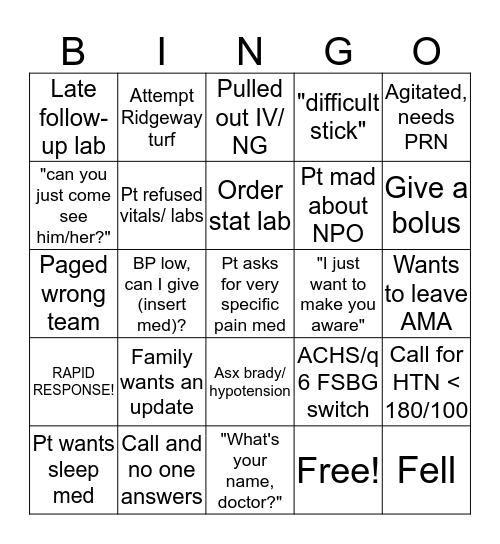 Night Float Bingo Card