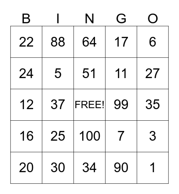 Math Facts Bingo Card