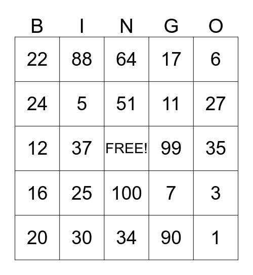 Math Facts Bingo Card