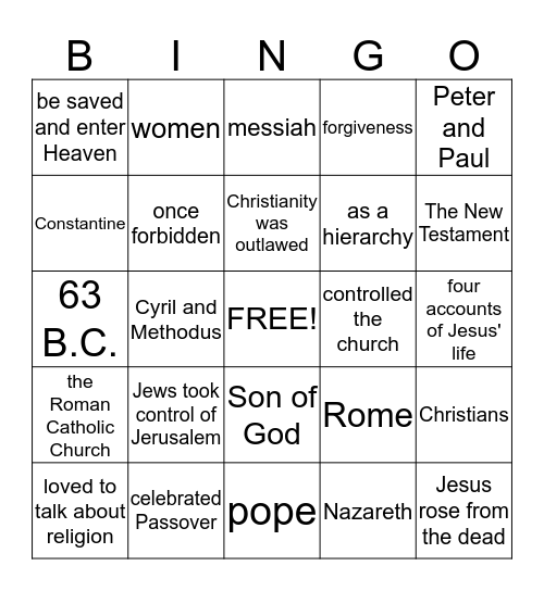 Chapter 10 Rise of Christianity Bingo Card