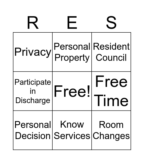 Resident Rights Bingo Card