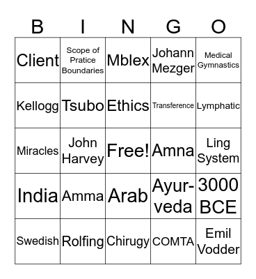MASSAGE Bingo Card