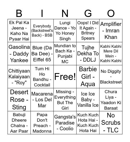 Bollywood/Hollywood Bingo Card